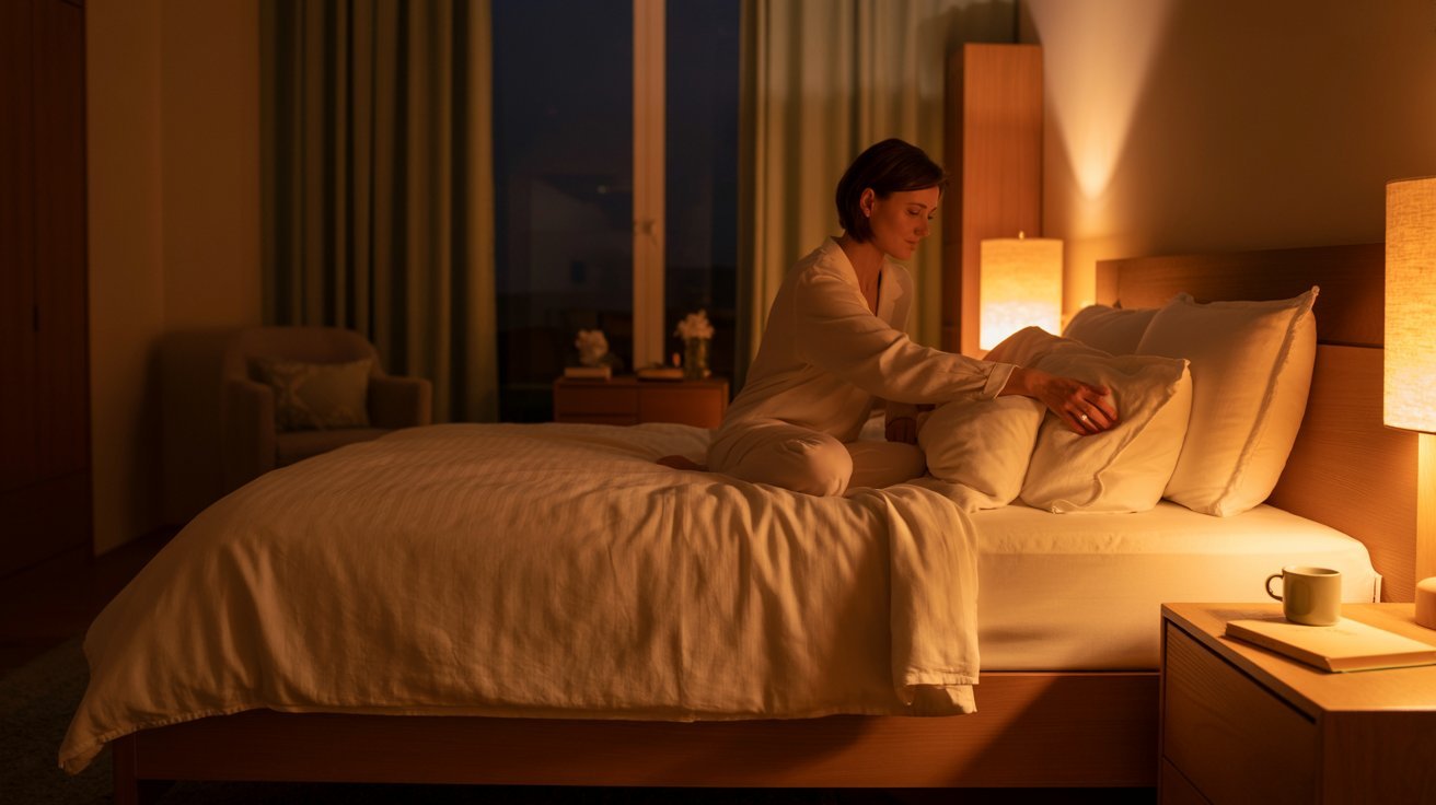 Calm bedroom setting representing a healthy sleep routine.