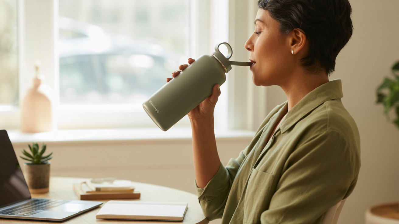 Adult staying hydrated throughout the day for better energy and focus.