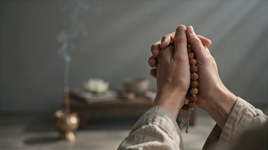 Meditator using mala beads for mantra repetition in Japa Yoga.