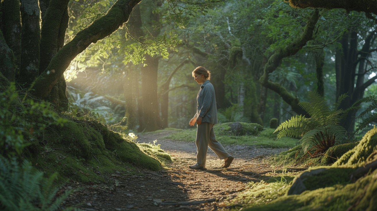 Adult taking a calming nature walk for stress relief and relaxation.