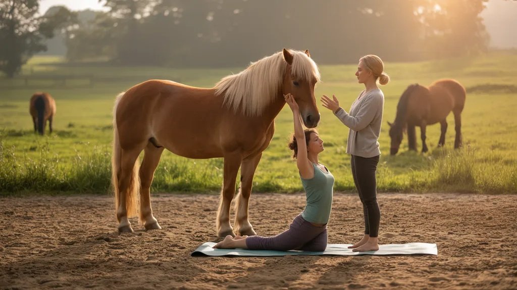 Beginner practicing horse yoga beside a calm horse in an outdoor setting.