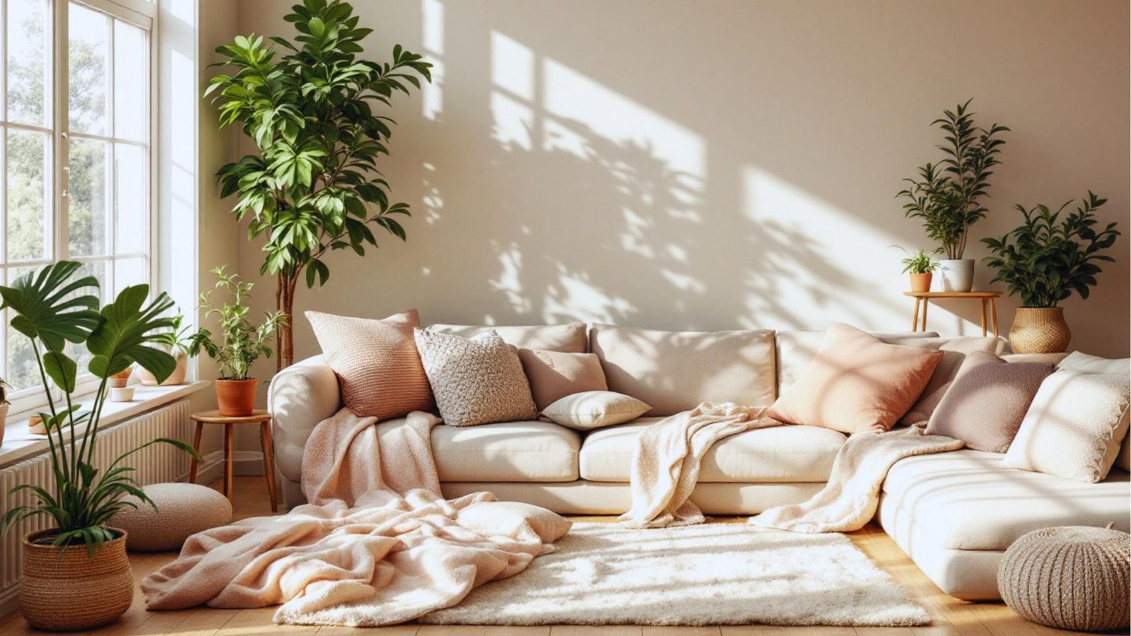 Sunlit living room with beige sectional, soft blankets, pillows, and houseplants creating calm safe space for reflection.