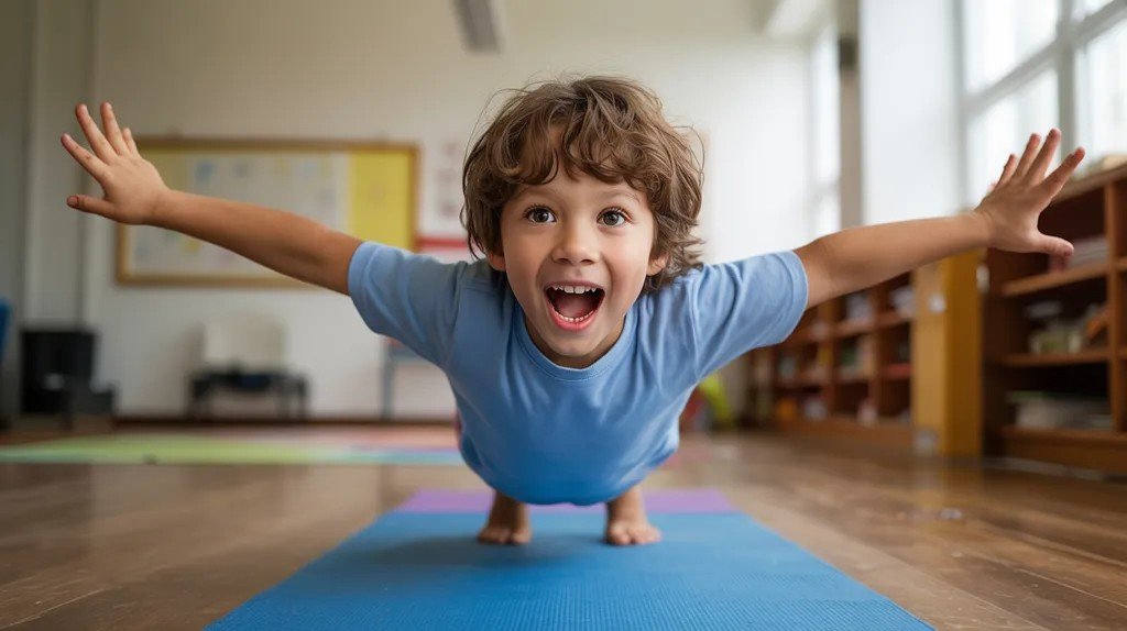 Pre-teen frozen in airplane yoga pose during a classroom game.