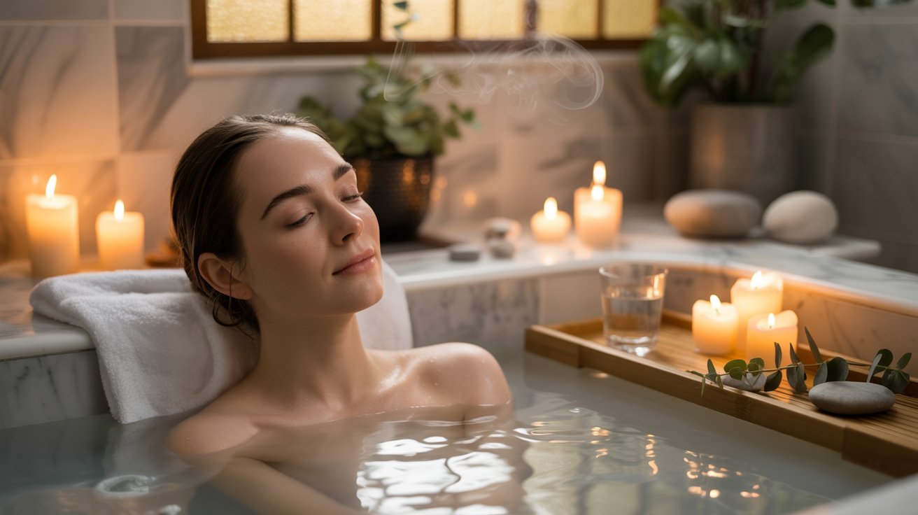 Adult relaxing in a warm bath with a spa-like calming atmosphere.
