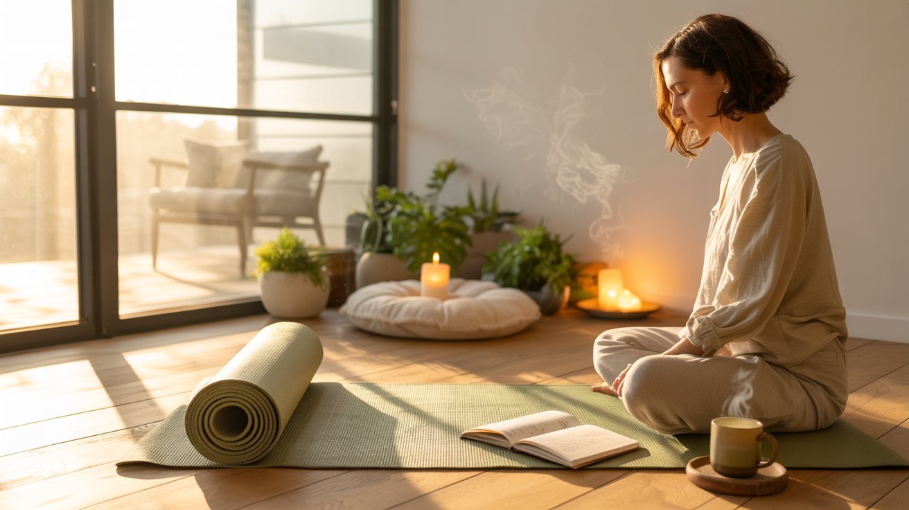 Adult practicing wellness habits in a calm home environment promoting physical and mental well-being.
