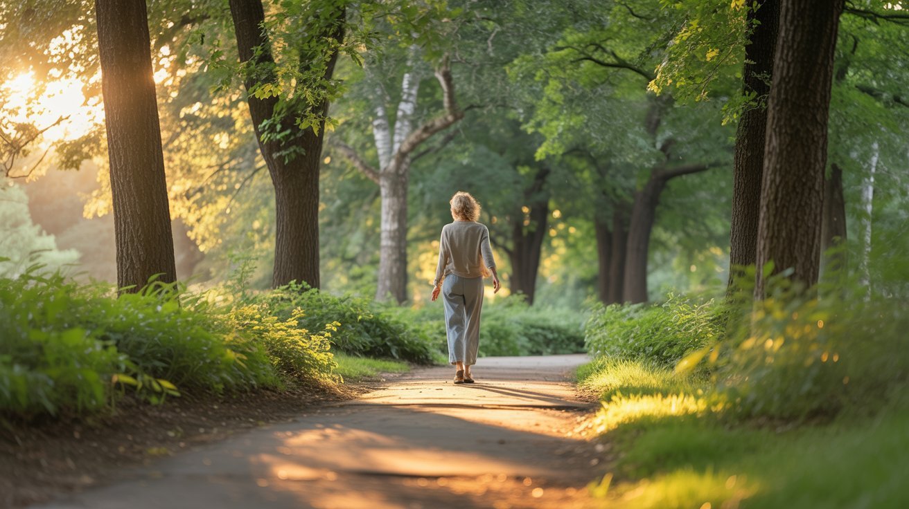 Adult taking a relaxing outdoor walk in nature for stress relief and clarity.