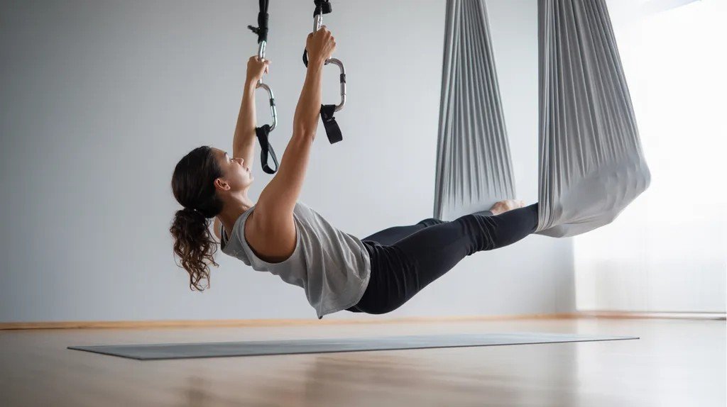Person safely practicing aerial yoga in a silk hammock with focus on warm-up stretches, core engagement, and careful setup check in a modern studio.
