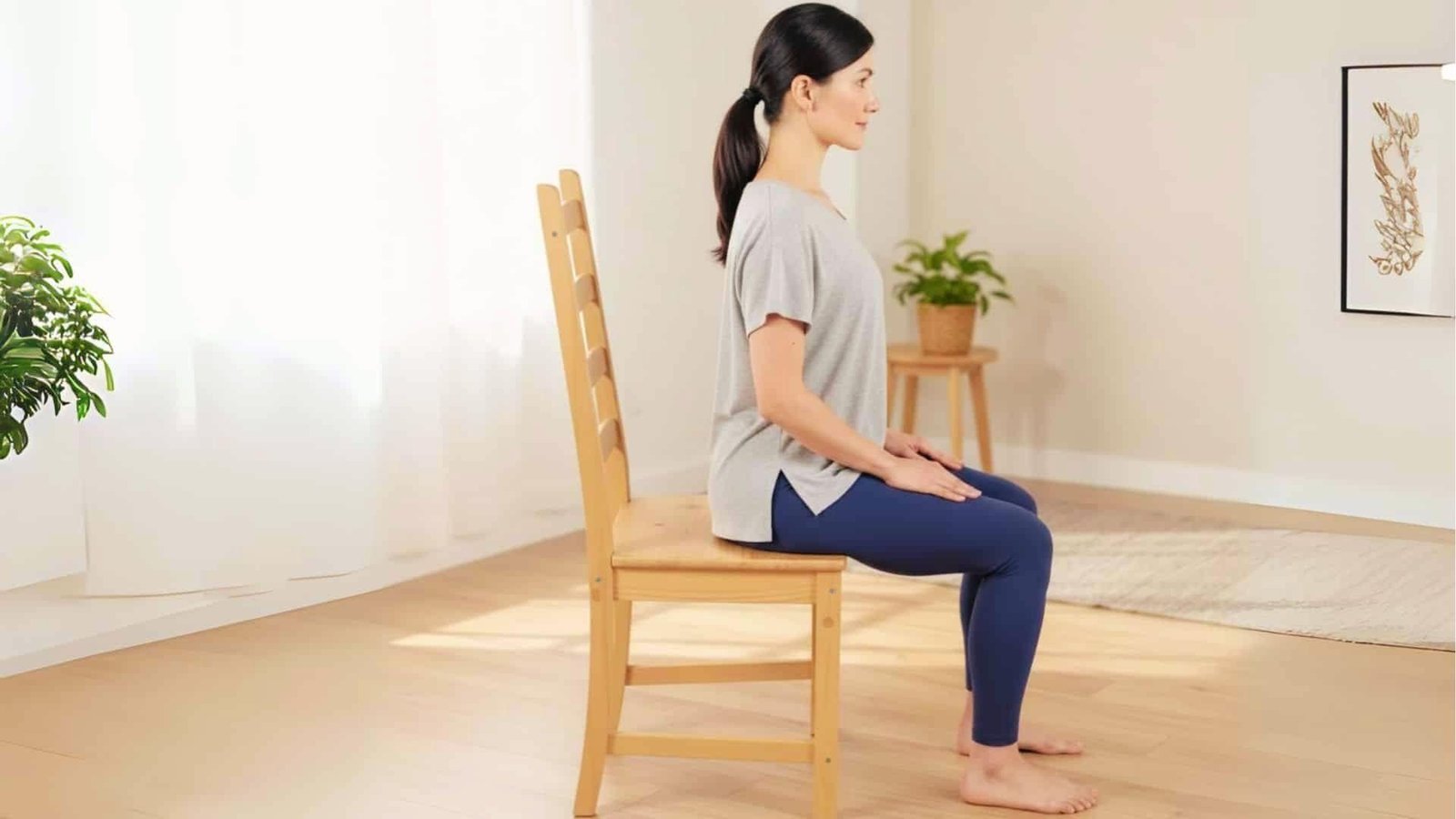 Woman practicing seated mountain pose with upright posture for 28 day chair yoga challenge.