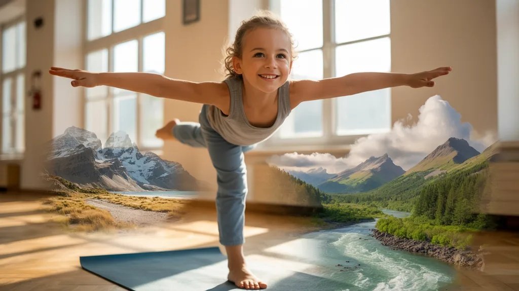 Pre-teen child doing airplane yoga pose while imagining a flying adventure.