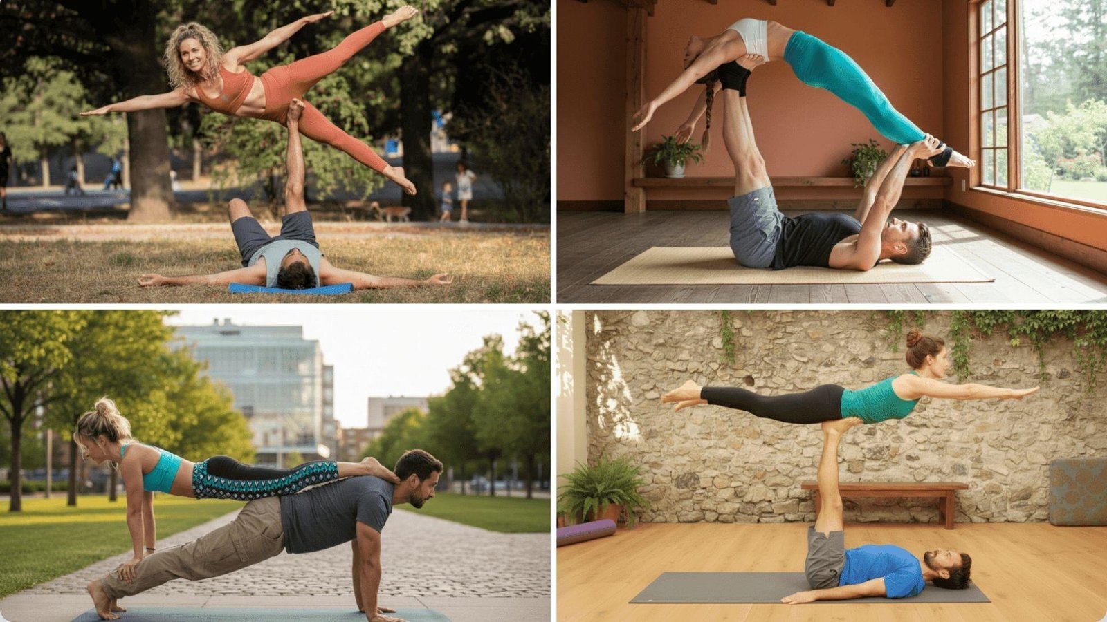 4-week acro yoga progression collage showing beginner poses from plank to balance and flow.
