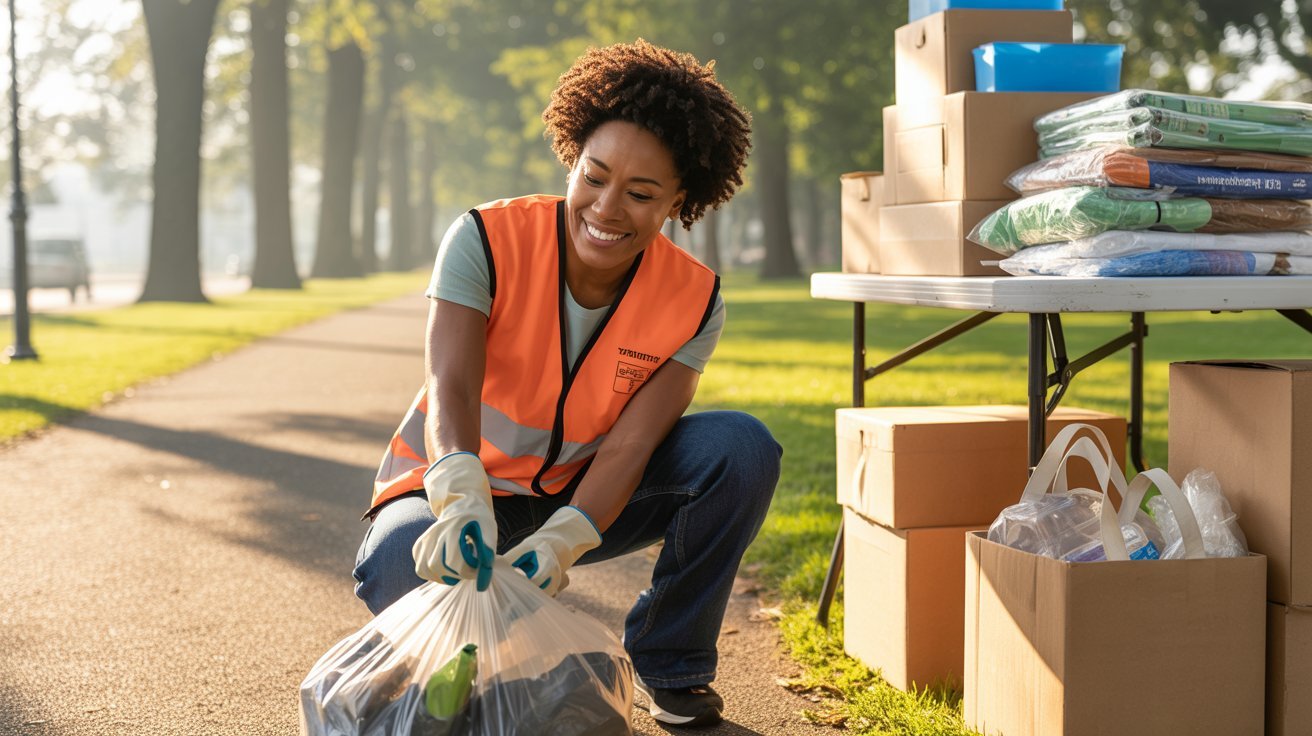 Adult volunteering for a meaningful cause and helping the community.
