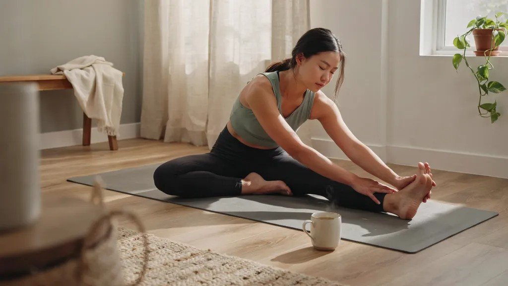 Person practicing Head-to-Knee Forward Bend to promote relaxation and flexibility.