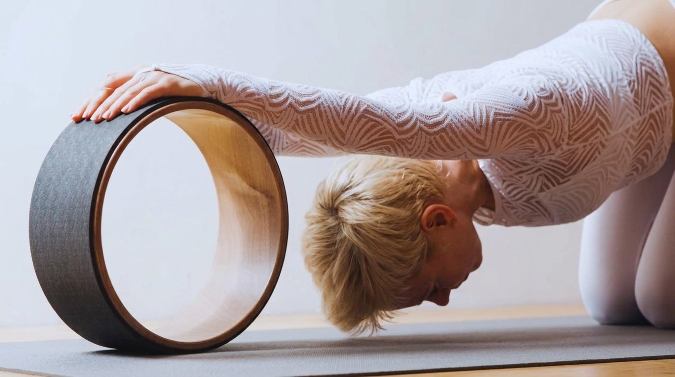 Person kneels on a mat and stretches arms forward on a yoga wheel in Puppy Pose.