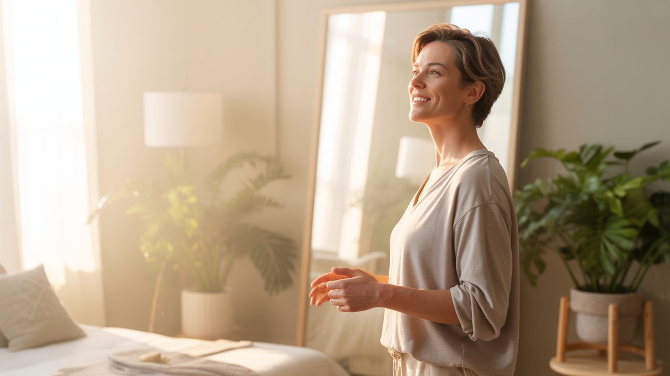 Adult practicing positive affirmations in a calm, reflective space.