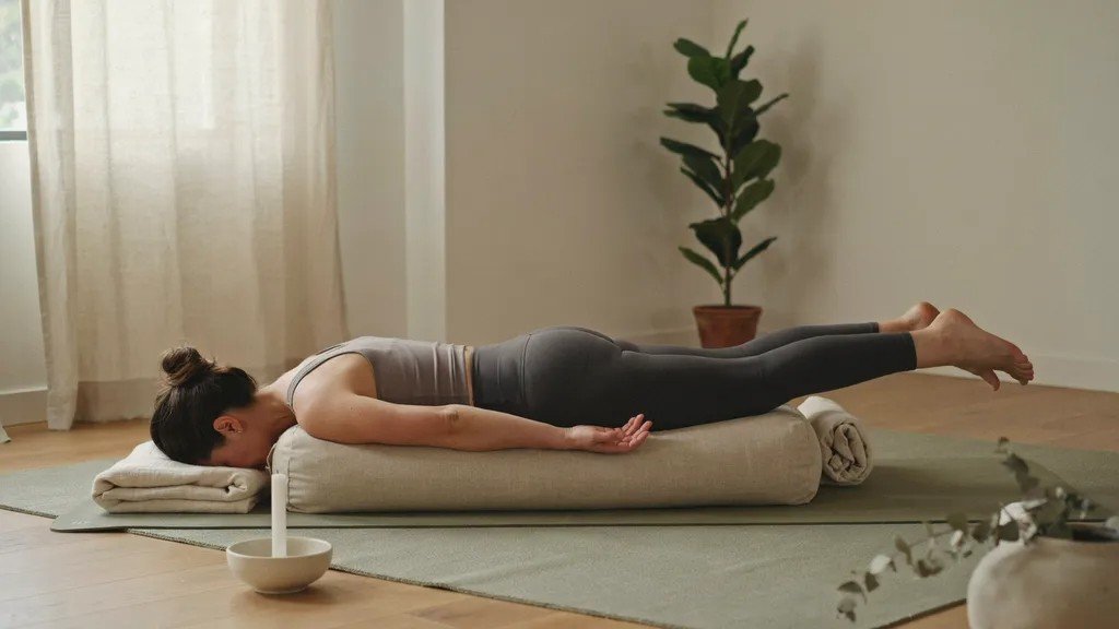 Supported Swan Pose using yoga props for comfort.