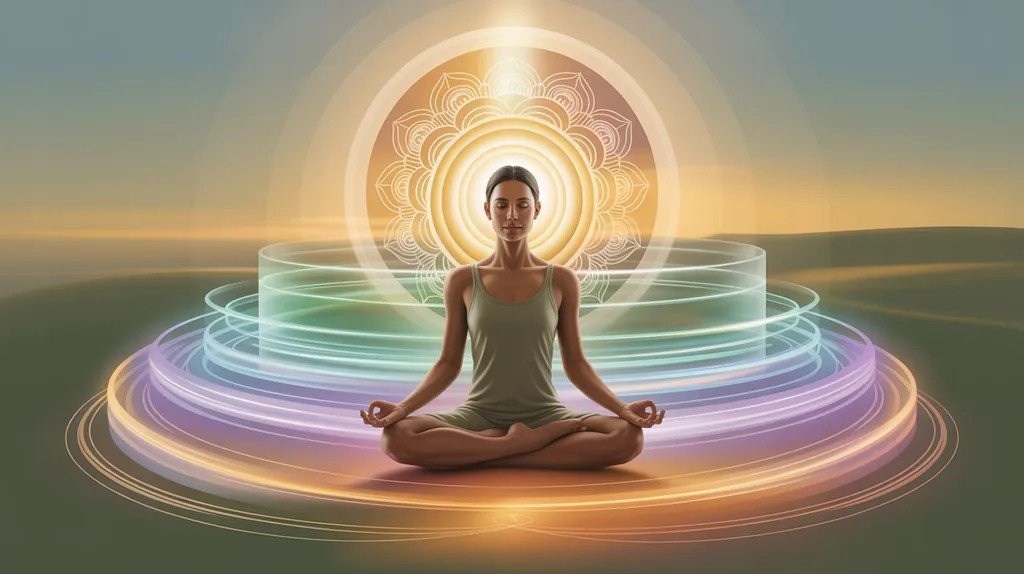 Meditating yoga practitioner surrounded by five symbolic layers representing the koshas in yoga philosophy.