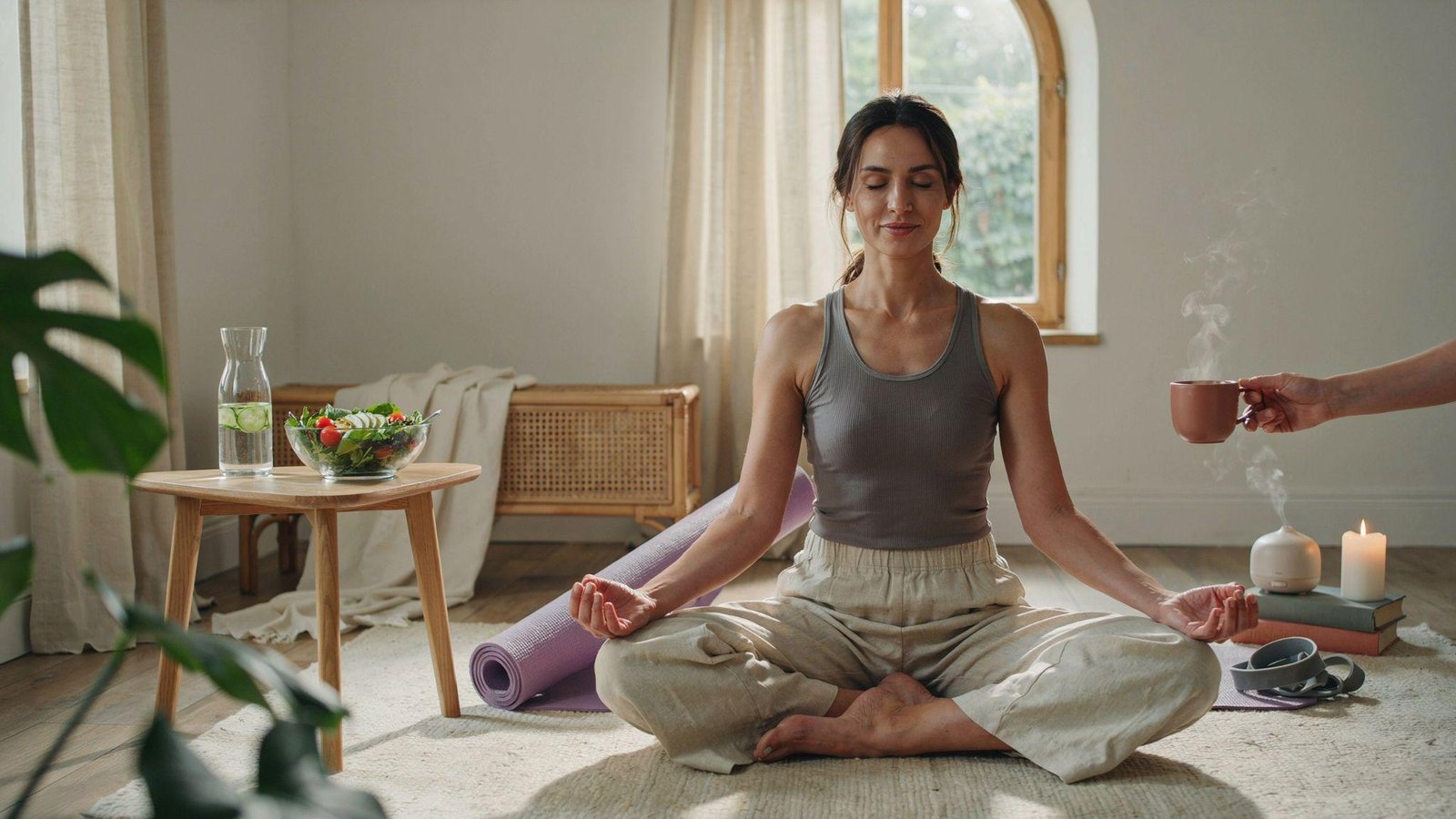 Adult surrounded by interconnected physical, mental, emotional, and social health elements that support overall wellness.