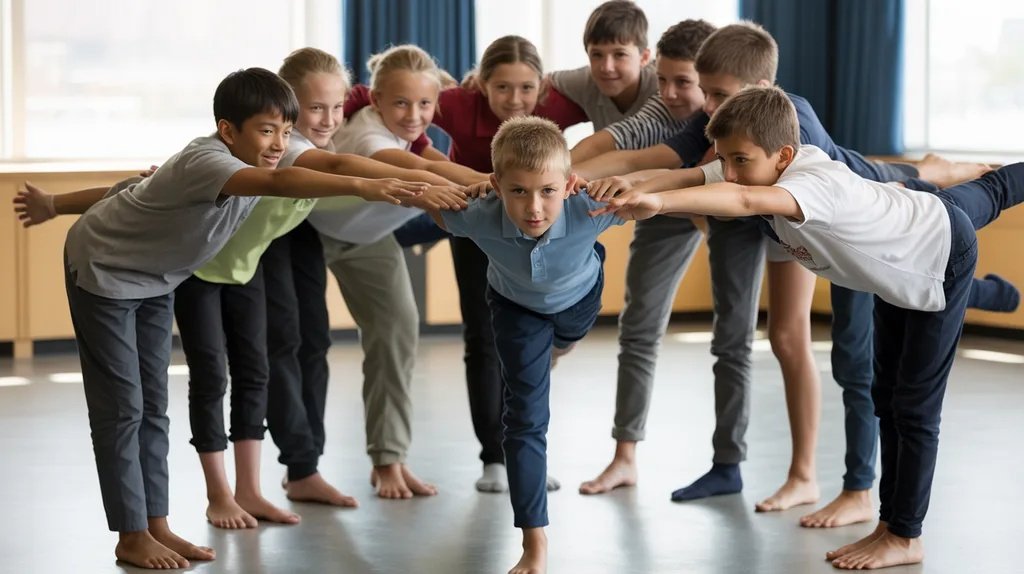 Students performing airplane yoga pose together in a classroom circle.