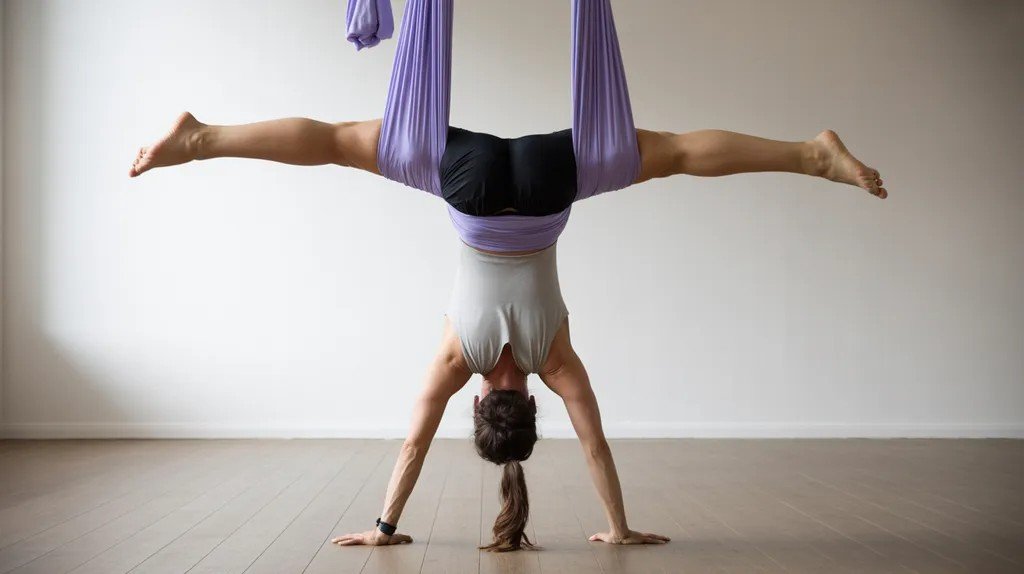 Person fully inverted in a hammock with legs spread wide in a star shape during aerial yoga.