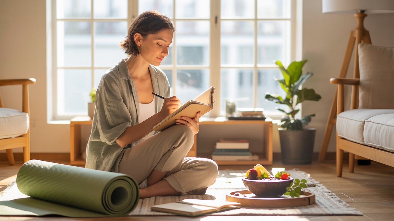 Adult practicing balanced wellness habits supporting physical emotional social and personal wellbeing.