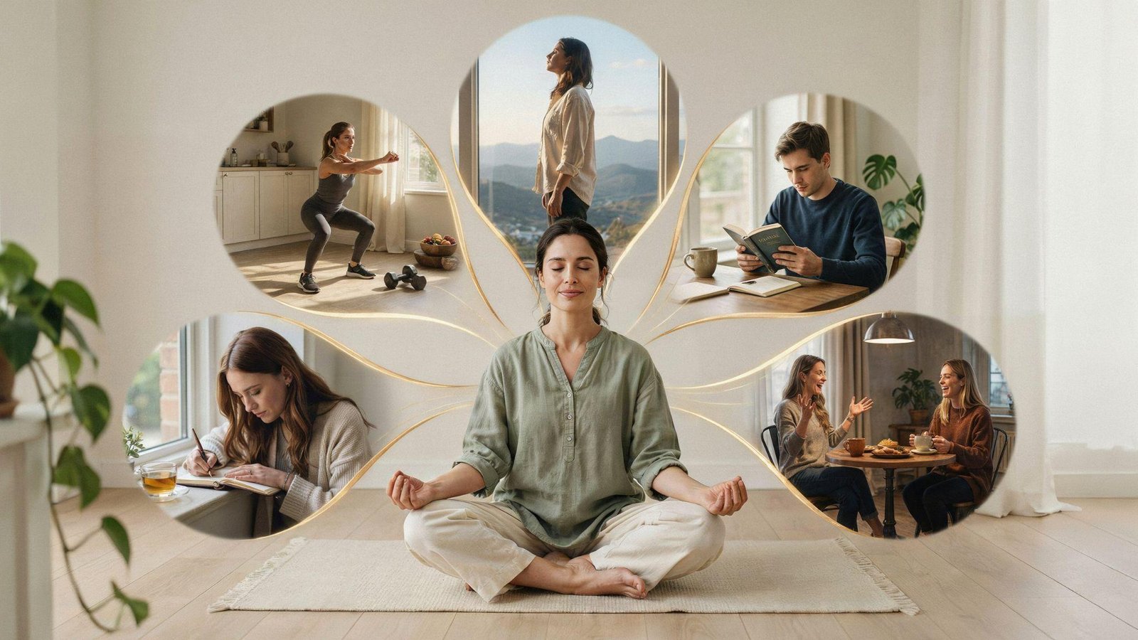 Interconnected physical, mental, emotional, social, and spiritual health components working together to support overall wellness.