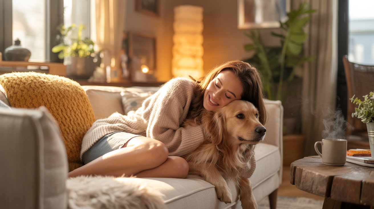 Adult spending quality time with a pet for emotional comfort and joy.