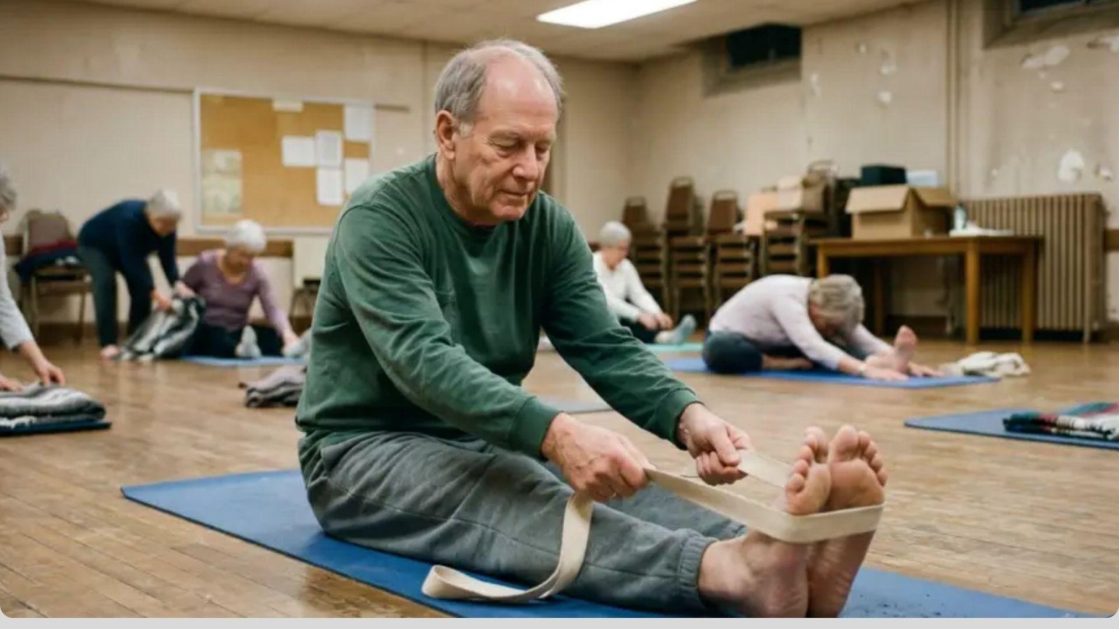 Senior man practices seated forward bend Hatha yoga pose using strap in group class with elderly students on blue mats