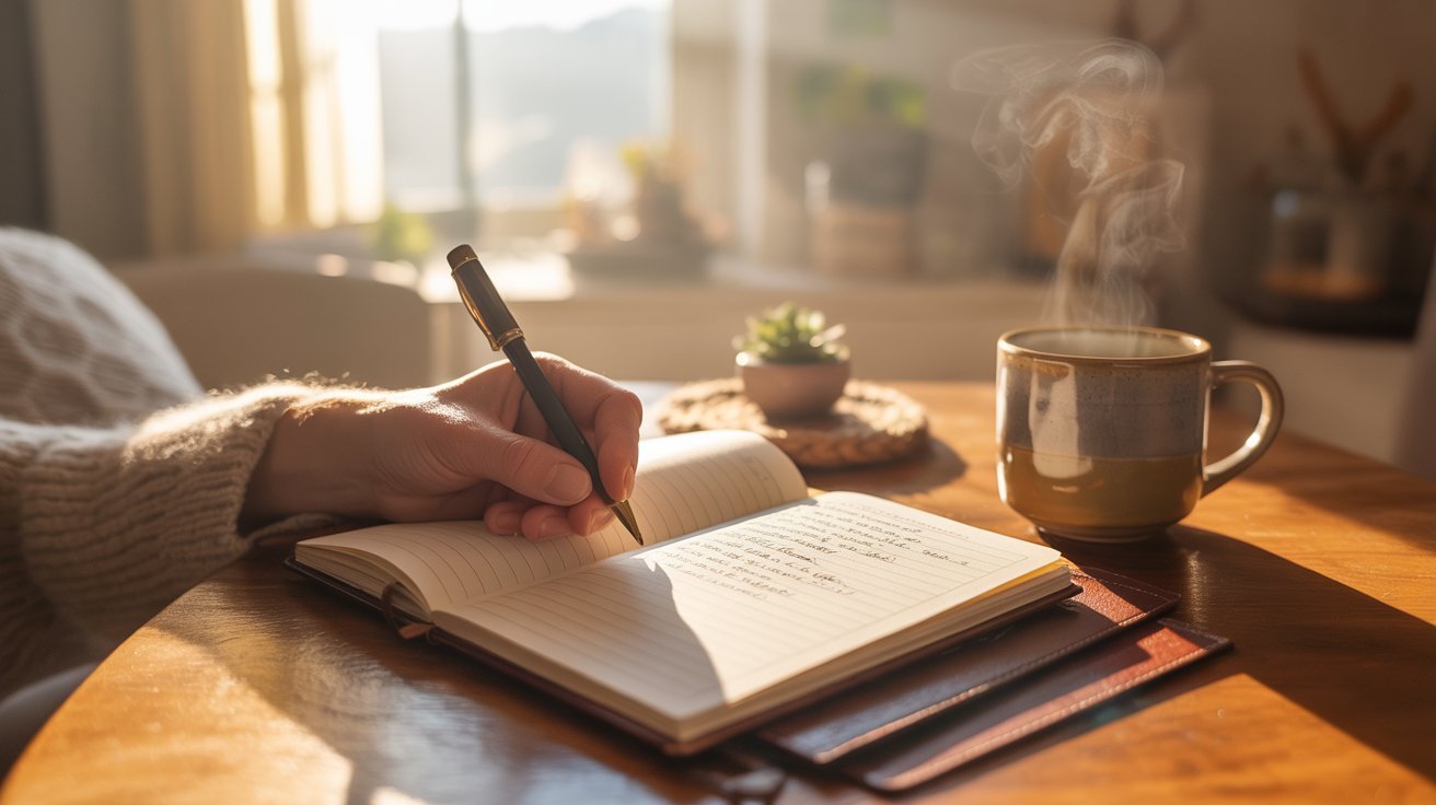Adult writing in a gratitude journal to focus on positivity and gratitude.