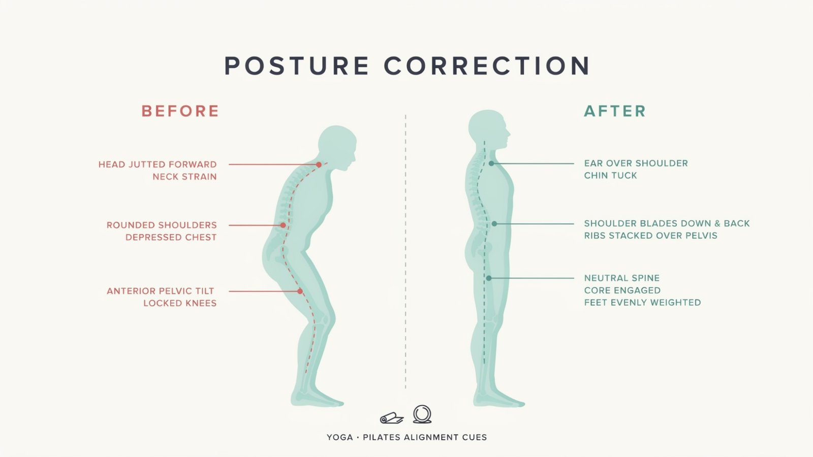 Posture improvement comparison showing slouched back versus aligned spine through yoga and Pilates exercises