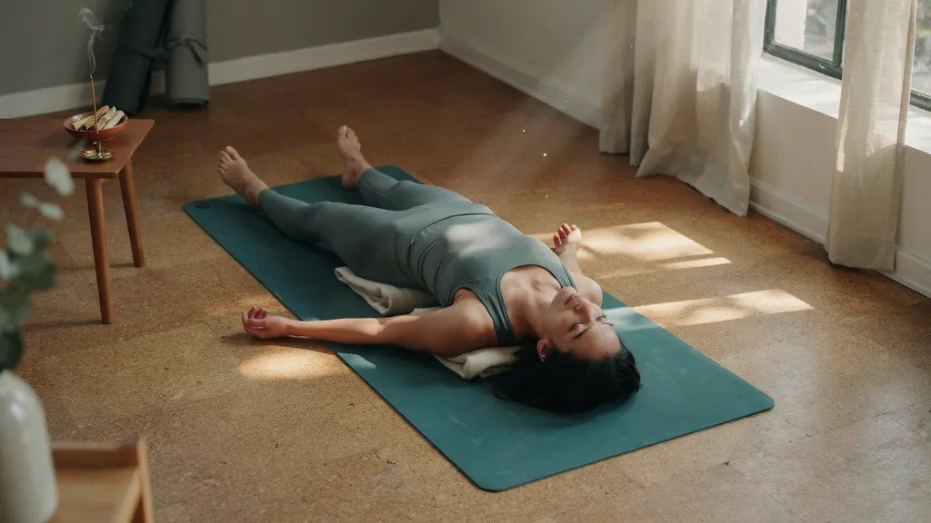 Cool-down relaxation phase of heated yoga with savasana in a warm, peaceful studio.