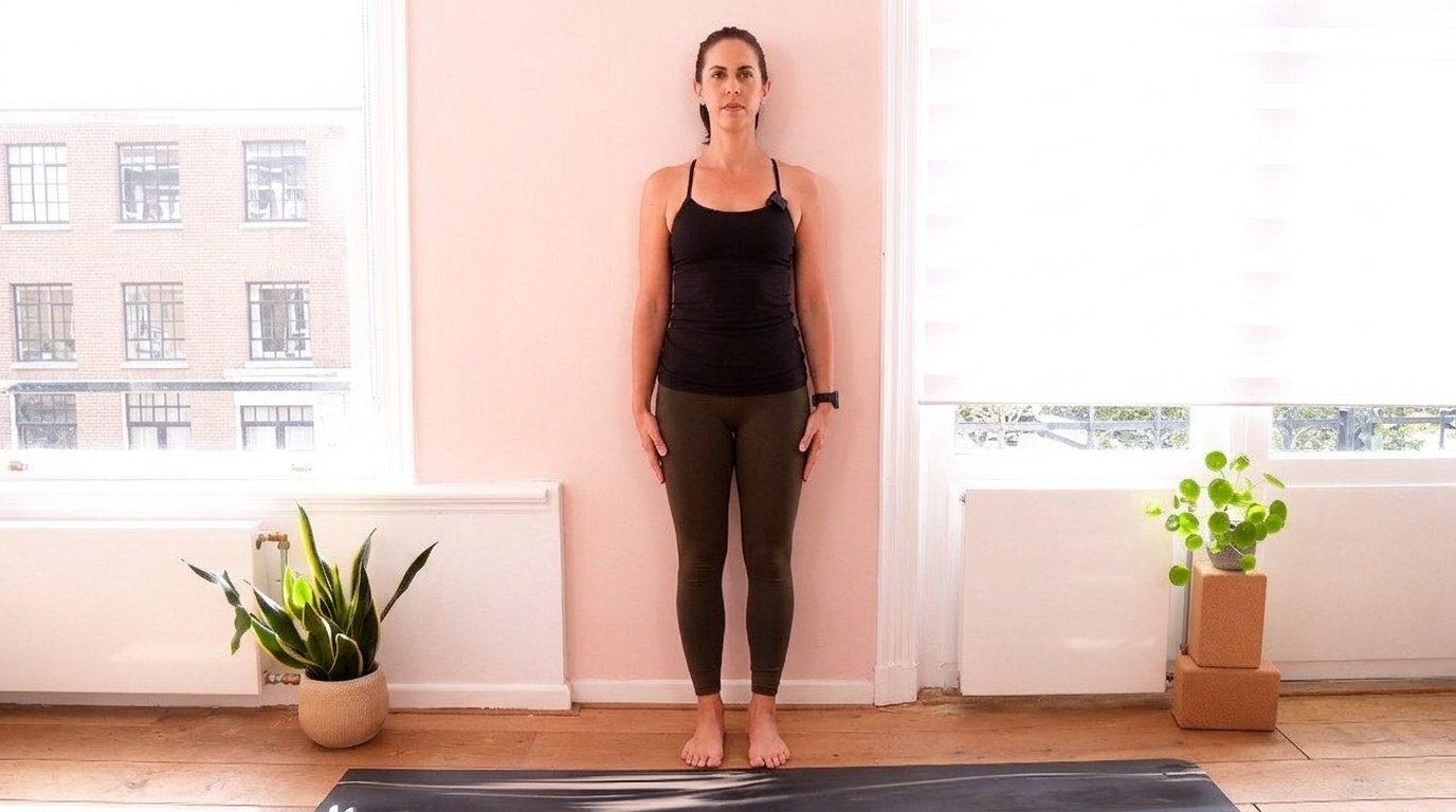 Woman in wall yoga mountain pose, standing tall with back touching wall for posture alignment.