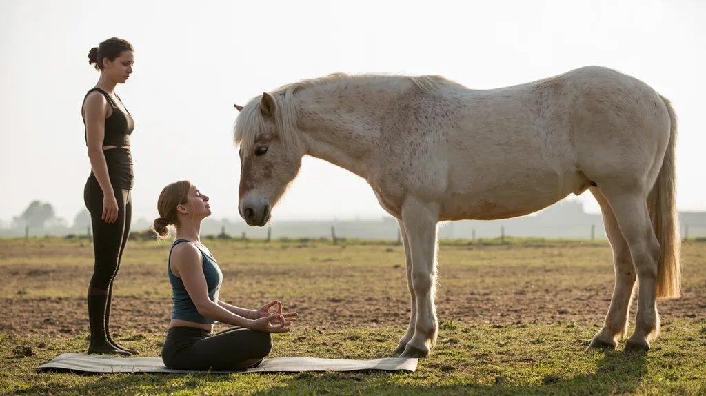 Person practicing horse yoga beside a calm horse during a guided session.