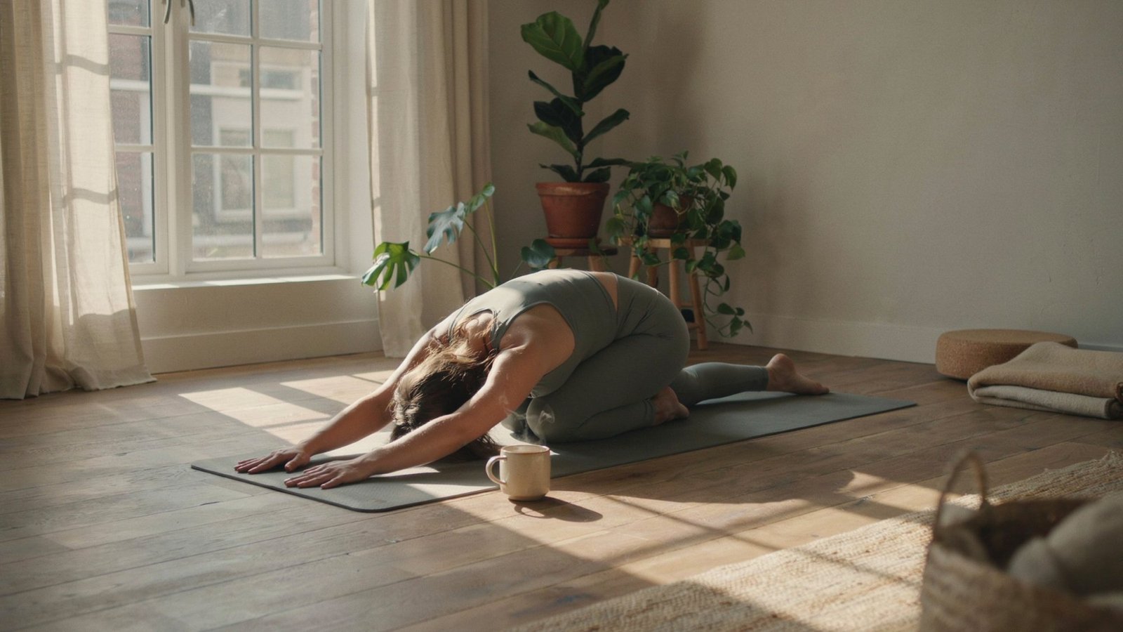 Woman in child’s pose yoga stretch on mat, focusing on gentle back pain relief in peaceful studio