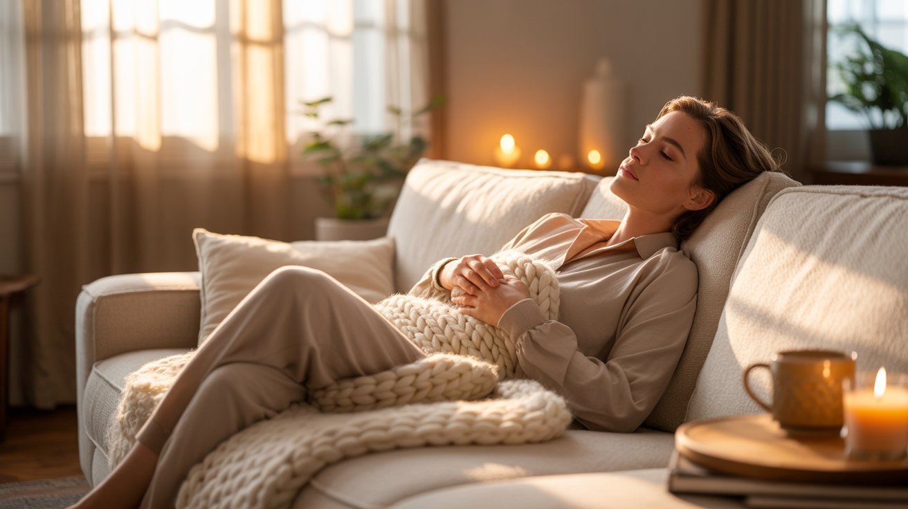 Adult taking a mental health day to rest and recharge at home.