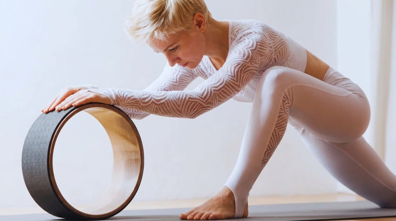 Person in a low lunge stretch leans forward with hands resting on a yoga wheel.