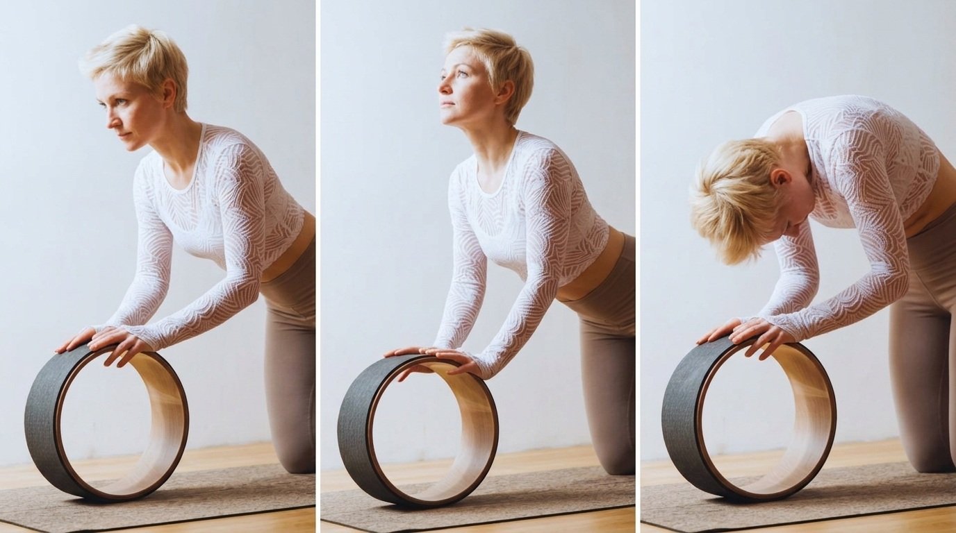 Person kneels and moves spine between arch and curve while holding a yoga wheel on mat.