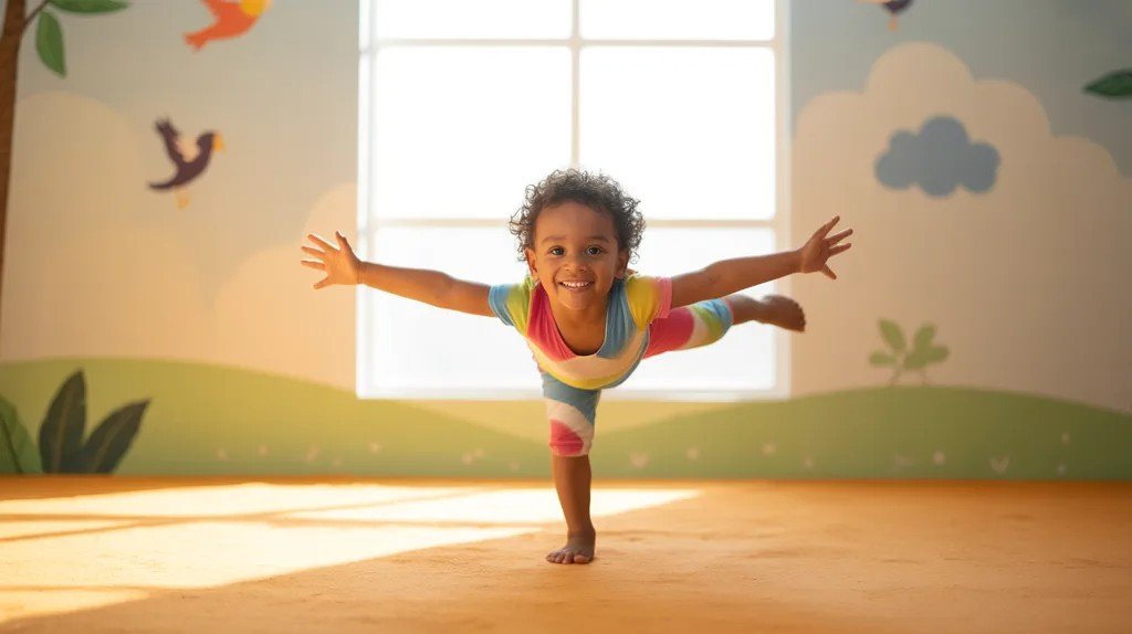 Single child performing Bird Flying Airplane yoga pose with flapping arms.