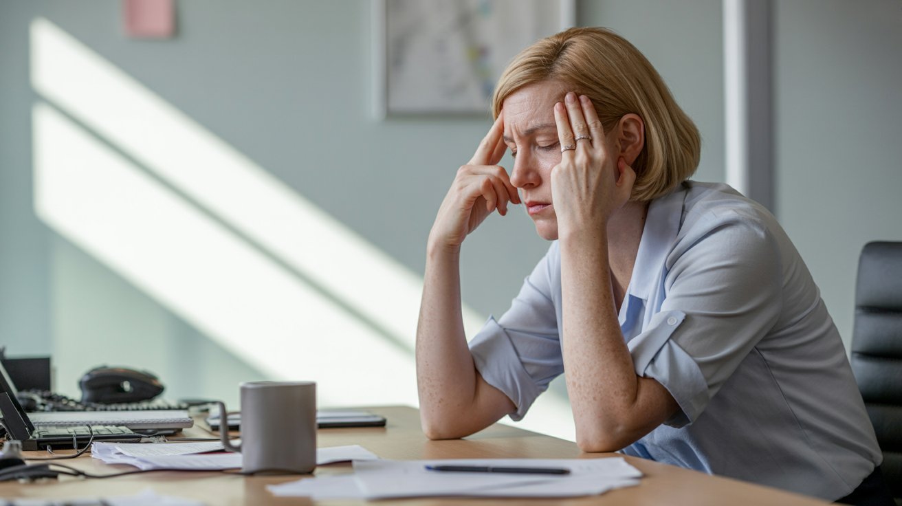 Fatigued adult experiencing daytime sleepiness, poor focus, and effects of sleep deprivation.