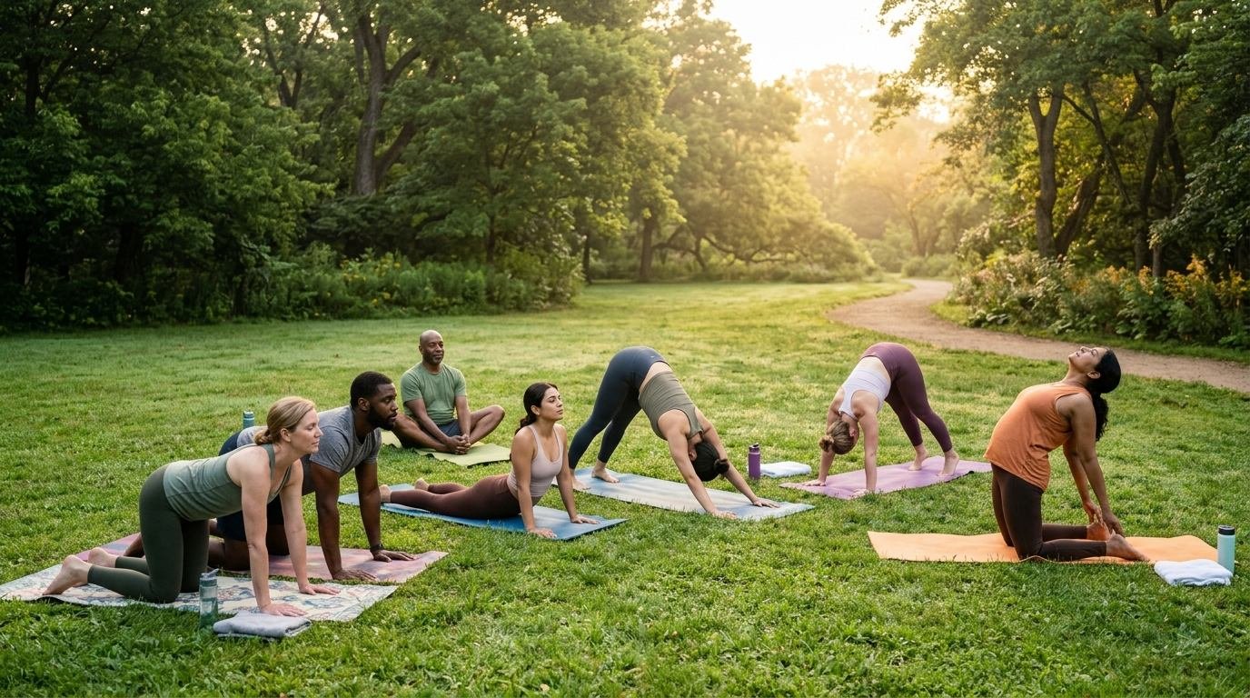 People practicing animal-influenced yoga poses outdoors in a peaceful natural setting.