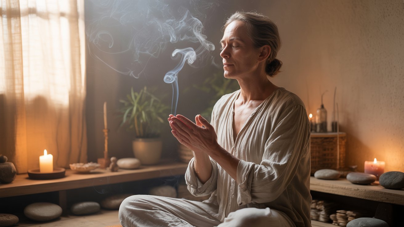 Adult engaging in spiritual reflection or prayer for grounding and peace.