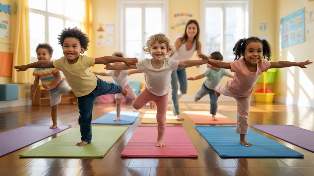 Children practicing airplane yoga pose to improve balance, focus, and coordination.