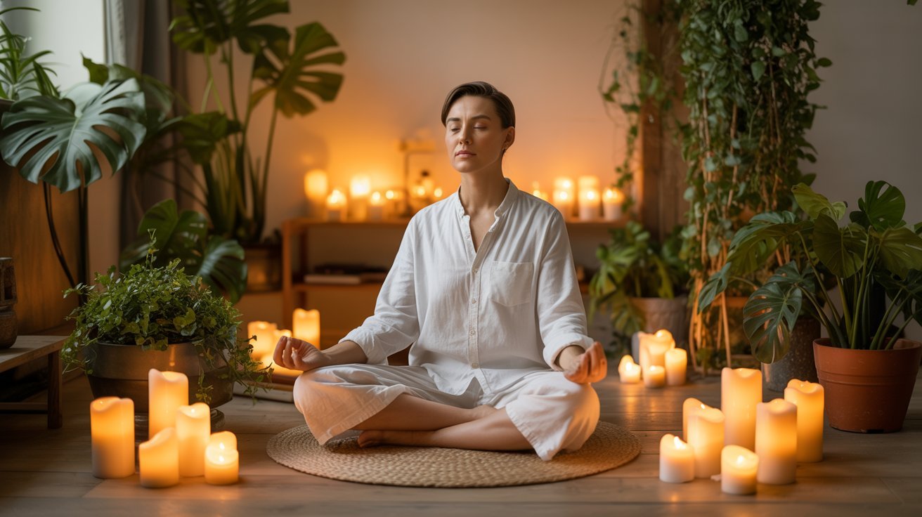 Adult practicing mindfulness meditation in a calm, peaceful space.
