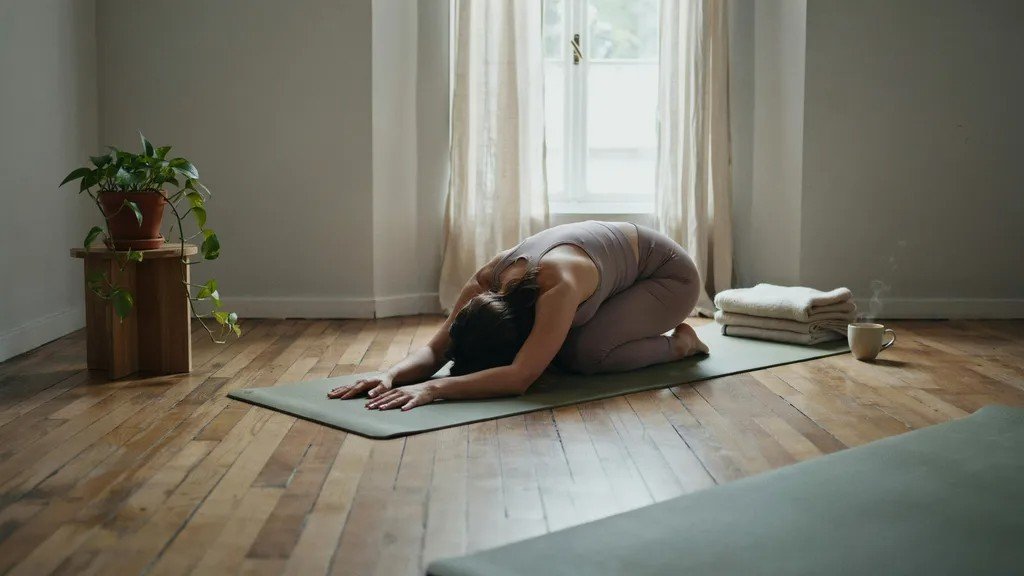 Person relaxing in Child's Pose for stress relief and nervous system relaxation.