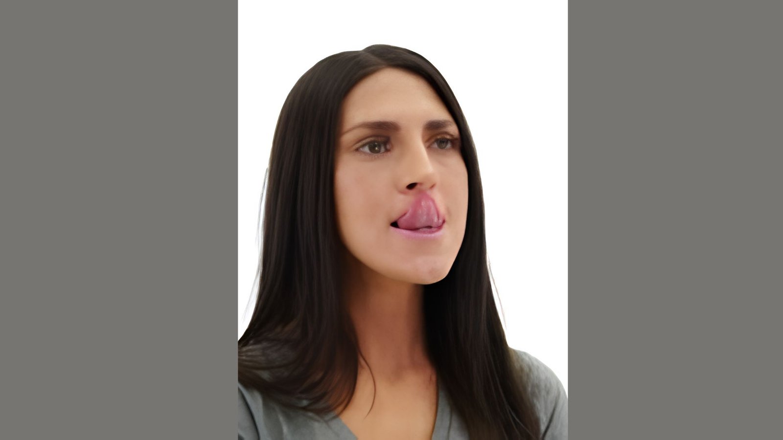 Woman with long dark hair moving tongue to the side against her cheek.