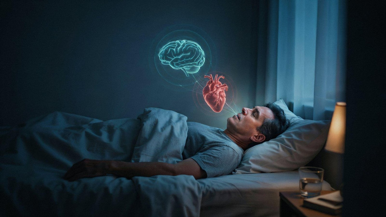 Adult experiencing untreated sleep apnea with health effects impacting longevity and overall wellbeing.