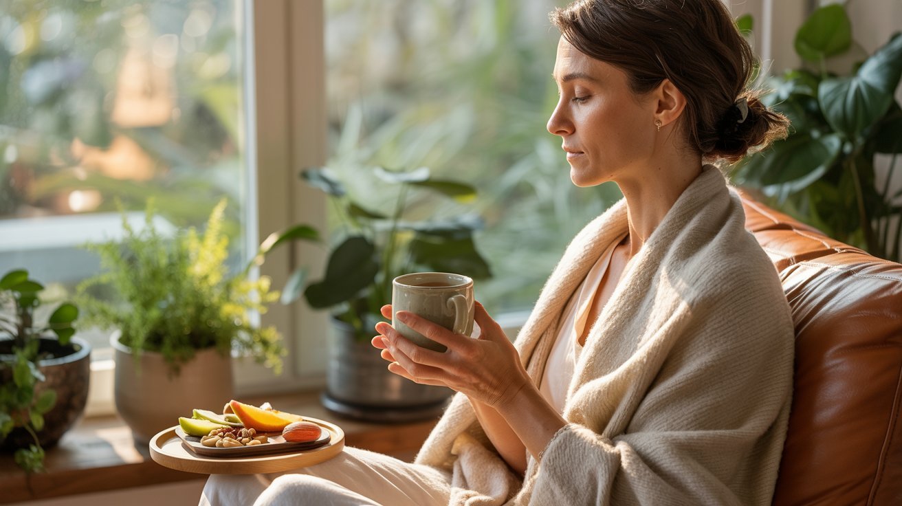 Adult practicing grounding exercise using the five senses for calm focus.