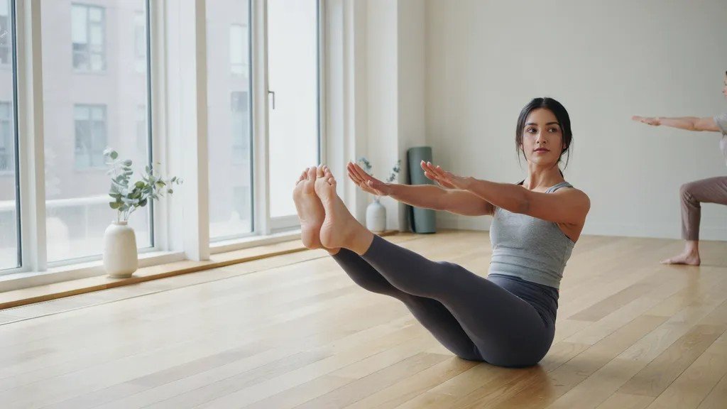 Yoga practitioner performing Boat Pose for core strength and stability.