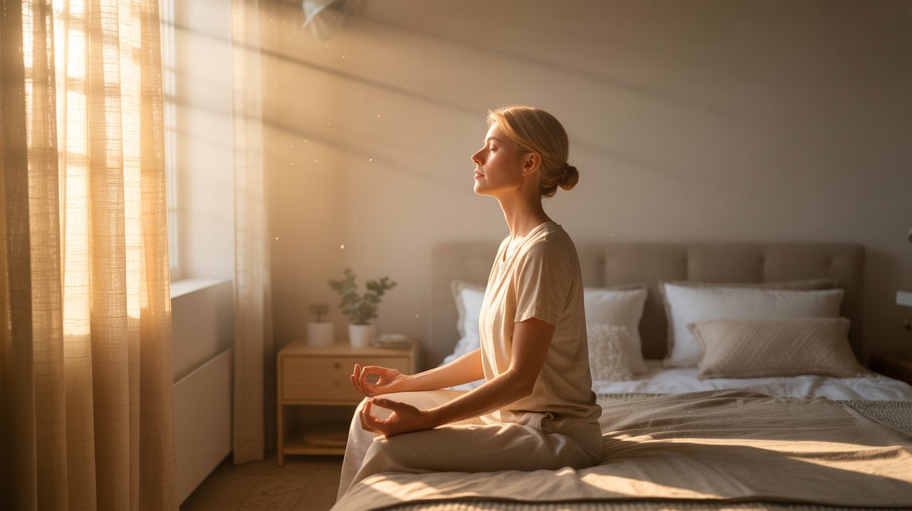 Adult practicing mindful breathing in the morning to reduce stress and feel grounded.