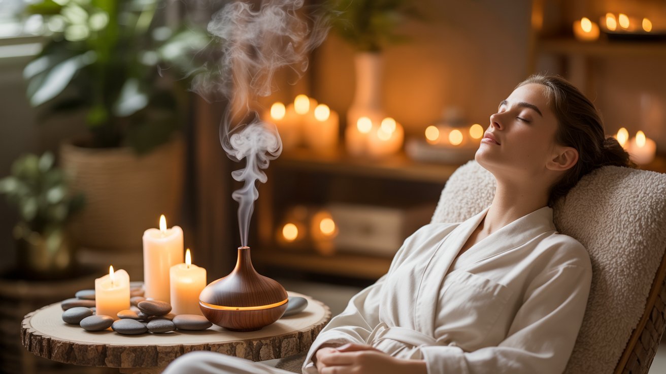 Adult using aromatherapy to create a calming and relaxing environment.
