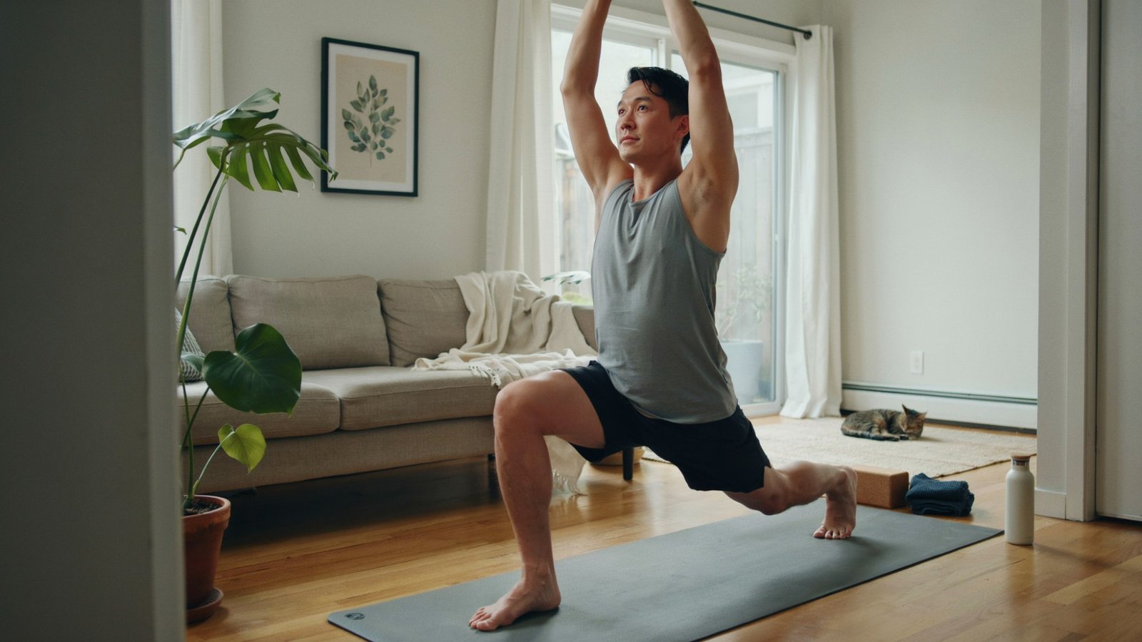 Man practices a low lunge yoga pose on a mat in a bright living room space.